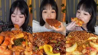 Korean Mukbang ASMR 😍 | Spicy Black Bean Noodles, Pizza & Fried Meat