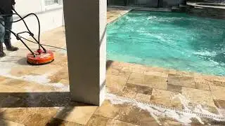 A thorough cleaning process for the travertine pool deck's surface.