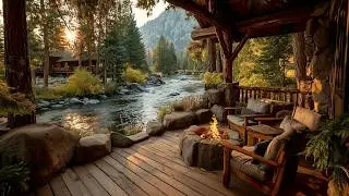 Relaxing Spring Morning Riverside Cabin Porch with Flowing River & Birds Sounds