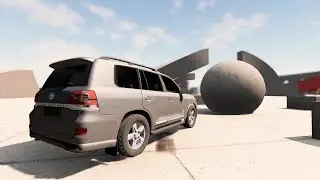 CAR JUMP THROUGH A LARGE STONE BALL / CAR CRASHES INTO A STONE BALL
