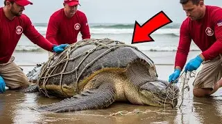 Giant Sea Turtle Cries for Help as Tourists Rush to Rescue It from Deadly Fishing Nets