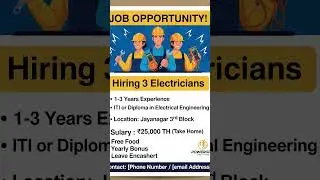 electrician job at Bangalore # Bangalore job advertisement # free jobs at Bangalore #engineering job