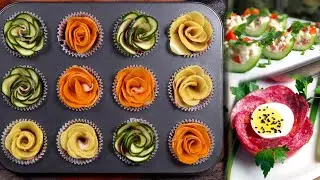 Розы из кабачков, сладкого картофеля и картофеля. Цветущий помидор с салями и яйцом