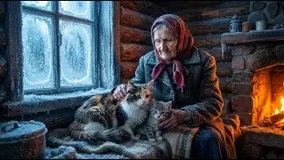 Die alte Frau, die Katzenmutter und zwei Kätzchen in der frostigen Wildnis.