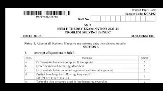 MCA Sample Question paper, KCA102, Problem solving C, aktu question paper, odd semester sample paper