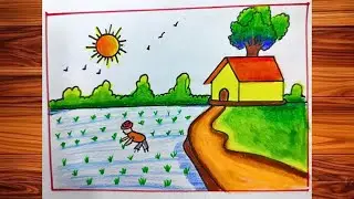 Beautiful scenery drawing| paddy fields drawing with house| house to draw a house|