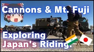 Motorbike Travel with Stunning View of Mt. Fuji: Encounter with Cannon Truck on Highway. Japan Trip.