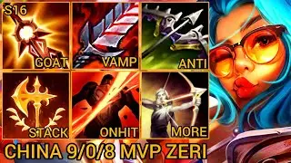 Country Top 1 Zeri Solo Q Legend 9/0/8 MVP - China Server Wild Rift High Elo Tier Builds & Runes