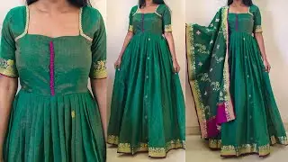 Convert Saree into long dress with dupatta | Dress cutting | Dress stitching | Potli buttons neck