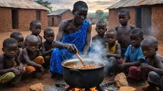 Strong African village mother feeds her hungry  big family