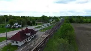 Gananoque Ontario VIA Rail Train Station on the CN Kingston Subdivision. Drone video.