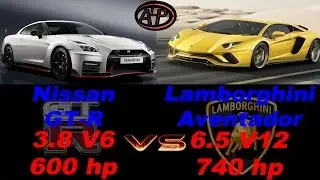 (0-300+) Nissan GT-R (Nismo) 3.8L (600 hp) vs. Lamborghini Aventador 6.5 L (740 hp) acceleration,
