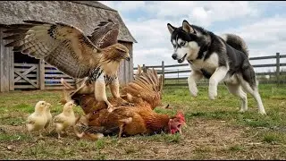 Brave Husky Protects a Mother Hen from an Eagle Attack - Rescuing the Injured Hen and Her Chicks