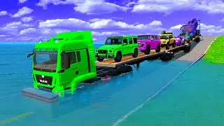 Triple Flatbed Trailer McQueen Transportation with Truck   Speedbumps vs Cars vs Train   BeamNG #07