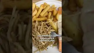 Poached salmon with yoghurt sauce and  aglio olio chips sides ya