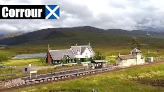 Fly past of Corrour railway station in Scottish Highlands - Trainspotting Film