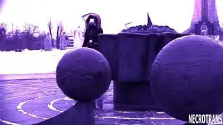 Space walks girl in a gas mask. Symbolism of progress and a call for formation of a new civilization