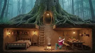 Giant Tree House | Building A Hidden Survival Shelter Inside A Massive Tree Trunk