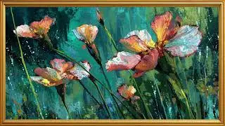ABSTRACT FLORAL PAINTING | ORANGE WHITE FLOWERS TEAL GREEN FRAME TV ART | Golden Frame Tv Art 4k