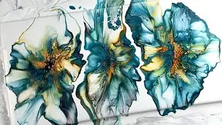 91. Triple Bloom in Golds, Greens & Blues in Fluid Art Acrylic Paint Pouring