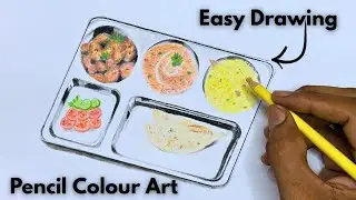 Realistic Indian Thali Drawing | Step by Step with Color Pencils