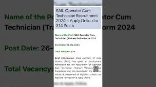 SAIL Operator Cum Technician Recruitment 2024 &ndash; Apply Online for 314 Posts #job
