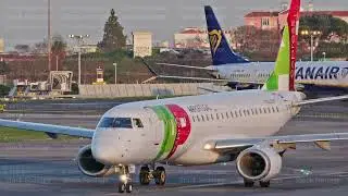 Ryanair Airplane Towed by Pushback Car at Lisbon Airport Sunset