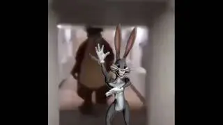 bear chasing uncanny Bugs Bunny down hall