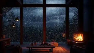 Nighttime Cabin | Comforting Rain On Window & Fireplace Sounds