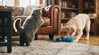 cats and dogs play at home with toys