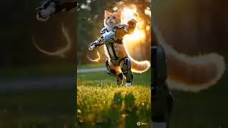 A cute orange futuristic cat with an armour jumping in the air #calicocat #cutebaby #cat #cute