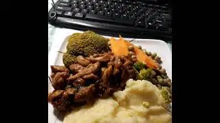 DInner time steam vegies mash and beef and cashews in red wine jus