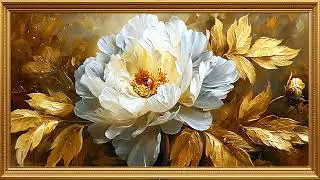 4K Animated White Peony Art with Subtle Sparkle | Gold Frame TV Art
