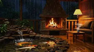 Rainy Night Fireplace on Wooden Porch 🔥🌧️ | Flowing Koi Pond & Deep Sleep Sounds (8 Hours)