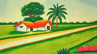 How to Draw Easy Scenery Drawing with Oil Pastels Drawing landscape village scenery Step by step