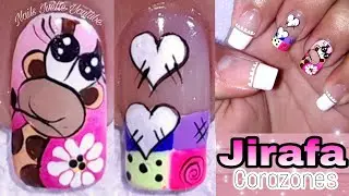 Decoración de uñas JIRAFA y CORAZONES/Diseño de uñas paso a paso