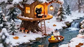 Christmas Forest Lofi &mdash; Black Cat Reading by the Fire & Winter River 🎄❄️ [Study / Relax / Sleep]