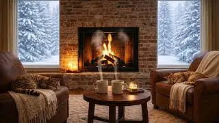 ☕🔥 Cozy Morning Fireplace & Relaxing Music | Twin Cats & Falling Snow