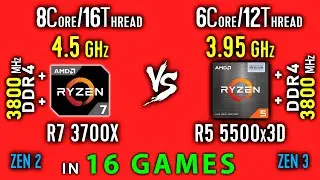 Ryzen 7 3700X vs Ryzen 5 5500x3D Test in 16 Games | R5 5500x3D vs R7 3700X  Thermal Power Efficiency