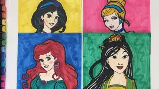 Drawing and coloring Disney four Princess Jasmine, Cinderella, Ariel, Mulan for kids l pink rocket