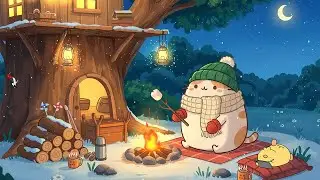 Mochi Cat's Snowy Campfire Night 🔥 Lofi Cat Music ❄️ Gentle Lofi Beats for Sleep