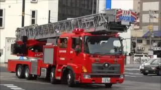 緊急走行で火災現場に集結する消防車・パトカー Many fire trucks gathered at the scene of the fire.