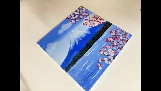 Easy Mountain Lake Painting with Cherry Blossoms | Acrylic Painting for Beginners