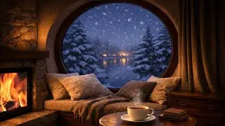 Cozy Winter Night by the Lake ❄️ Fireplace Glow, Snowfall & Calm Ambient Atmosphere