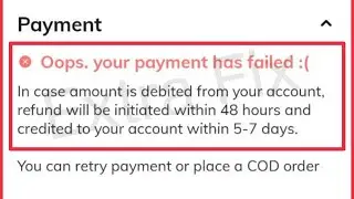 AJIO Fix Oops. Your payment has failed In case amount is debited from your account refund Problem