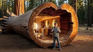 People laughed at his idea! This man carved a modern apartment inside a giant dry sequoia log (ASMR)