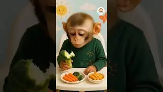 baby monkey eating broccoli 🥦