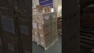 The corrugated cardboard boxes are palletized for shipping and wrapped with stretch film.#packaging