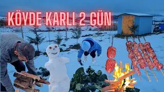 Ahşap Evde Karlı Köy Hayatı – Soba Yemeği, Mangalda Dalak, Kardan Adam ve Oyun! ❄️🏠🔥☃️