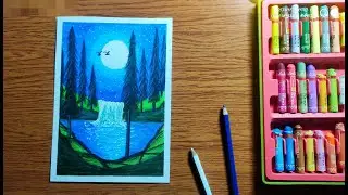 Moonlight Waterfall scenery drawing for beginners with Oil Pastels - step by step